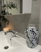 Vase à fleurs en grès cérame 20/22 cm Blanc et Bleu Marine – Fait à la main, Imperméable, pour l'intérieur