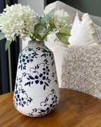 Vase à fleurs en grès cérame 20/25 cm Blanc et Bleu Marine – Fait main, étanche, style rétro