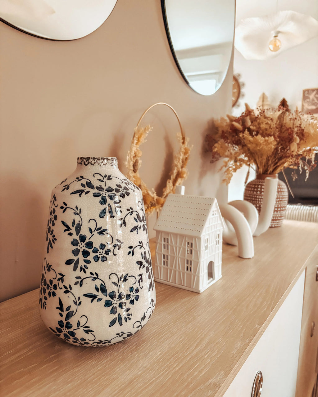 Vase à fleurs en grès cérame 20/25 cm Blanc et Bleu Marine – Fait à la main, Imperméable, Style Rétro