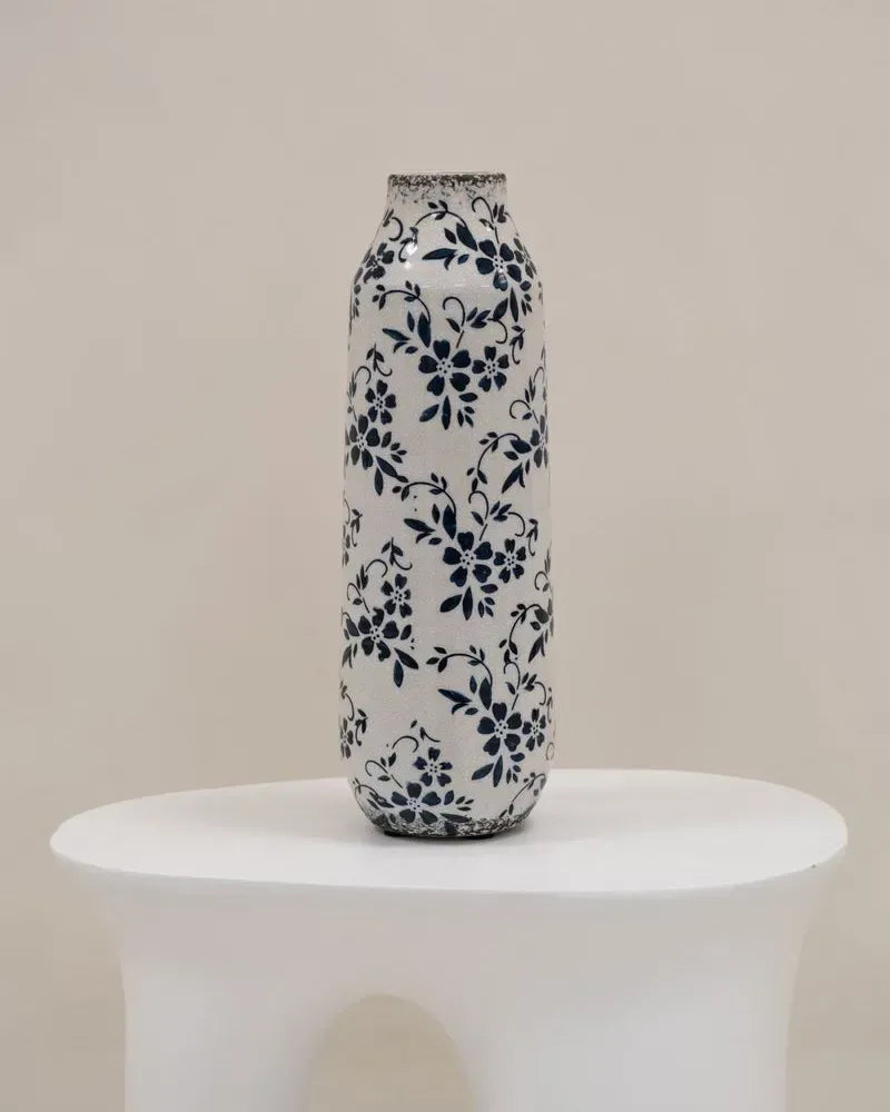 Vase à fleurs en grès cérame 30/35 cm Blanc et Bleu Marine – Fait à la main, Imperméable, pour l'intérieur