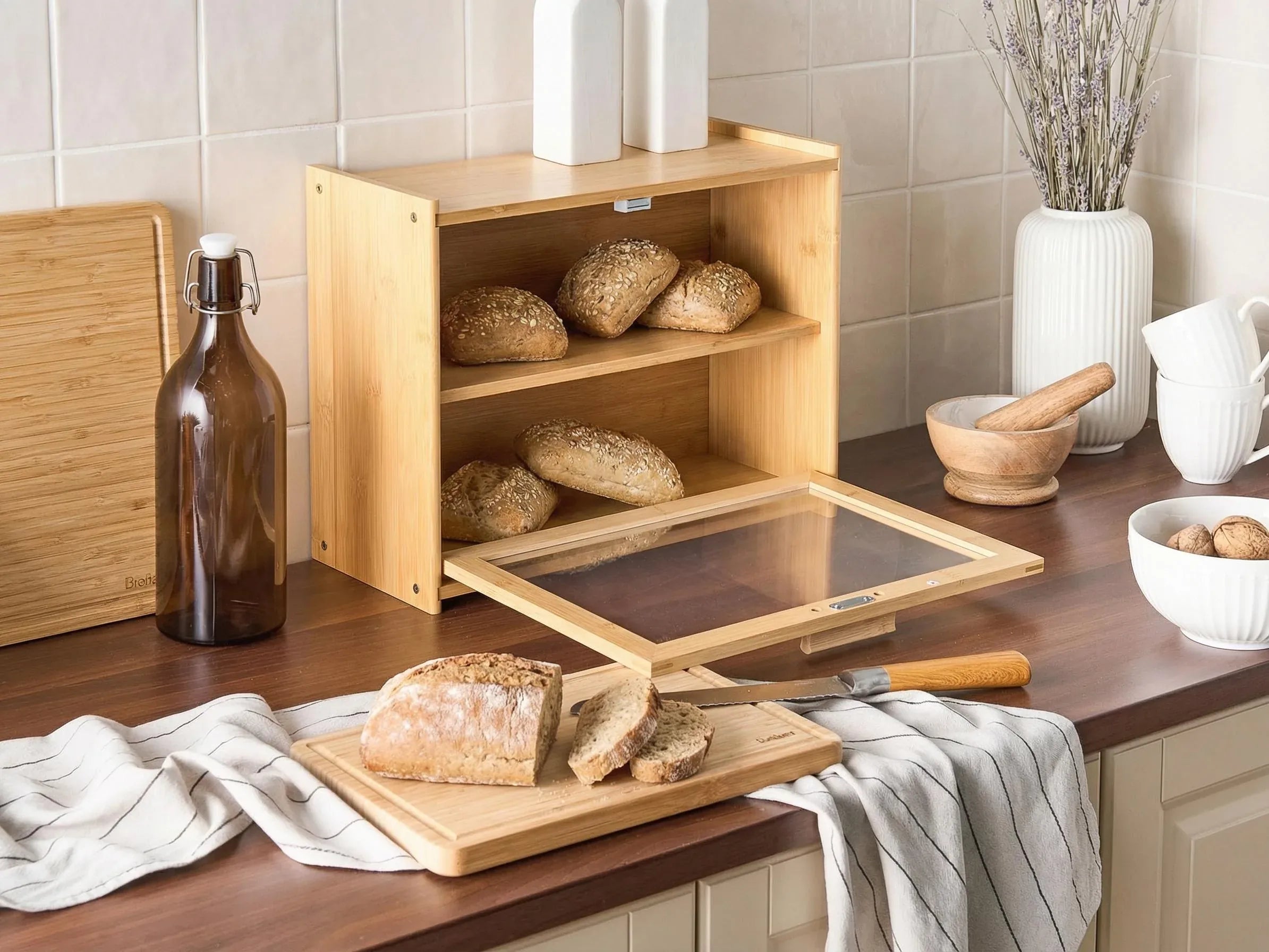 Boîte à pain en bambou marron clair 40x31 cm – Panneau transparent, garde le pain frais, montage facile